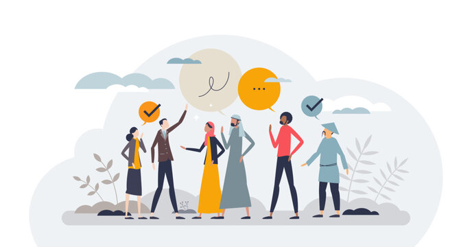 Intercultural competence and ability to understand tiny person concept, transparent background. Language knowledge skills and racial respect for all society and community illustration.