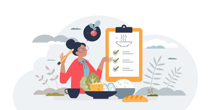 Meal planning as plan for effective food preparation tiny person concept, transparent background. Healthy eating with balanced vegetables, meat and vitamins intake for weight loss illustration.