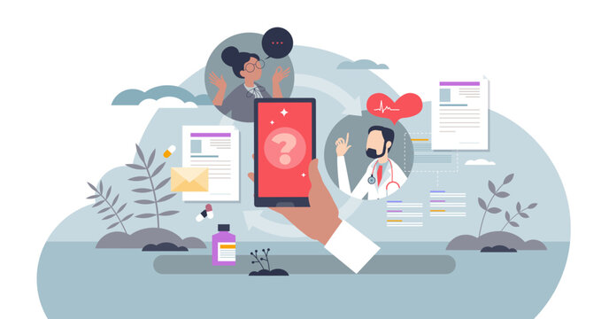 mHealth or mobile health as application using for health tiny person concept, transparent background. Smartphone as diagnostic device for illness record, checkup with doctor.
