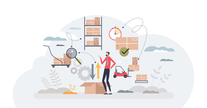 Inventory management and logistic work from warehouse tiny person concept, transparent background. Stock supply and storage order effective planning for shipping illustration.