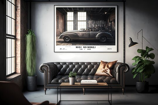 mock up poster depicting a loft with a leather sofa