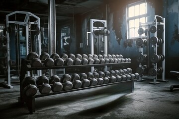 Old Warehouse Gym with Dumbbells on Racks, Generated by AI