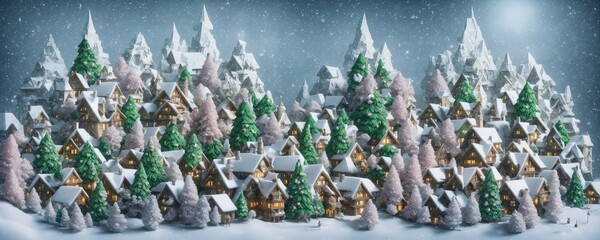a christmas scene with a lot of houses in the snow