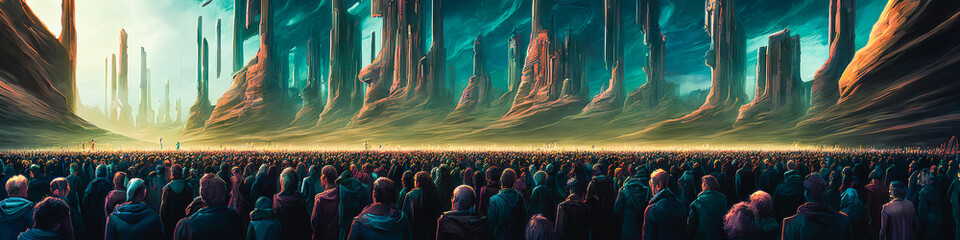 In a dystopian world, people protest in an open space. Scary and creepy, Generative AI