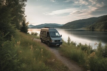 Fototapeta premium Camper van on the shore of a lake in the mountains. Generative AI