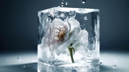 White flower frozen in ice cube with water drops, close-up. Generative AI