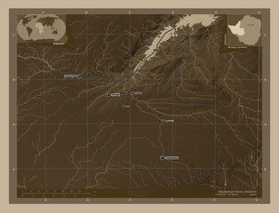 Matabeleland North, Zimbabwe. Sepia. Labelled points of cities