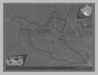 Matabeleland South, Zimbabwe. Grayscale. Labelled points of cities
