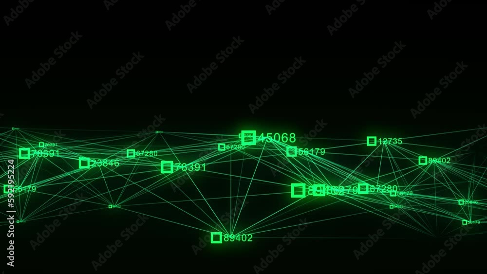 Fototapete Block chain technology concept. Big data visualization. Artificial intelligence. Green network connection structure. Abstract digital background with matrix. 3d rendering.