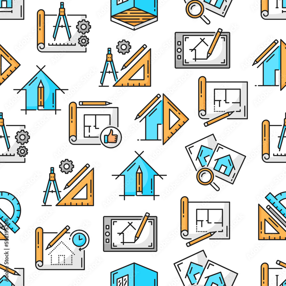 Poster Architect development seamless pattern with vector architecture projects and drawing tools. Background with thin line blueprints of house building plan and scheme, outline pencils, rulers, compasses