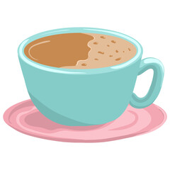 A vector illustration of a blue coffee cup with a saucer, filled with hot coffee. Vector illustration