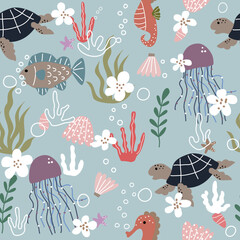 Naklejka premium Seamless vector pattern with turtles, jellyfish, fish, seahorses, shells, flowers, corals, bubbles, water plants and rocks on a pink background. used for textiles wallpaper and print