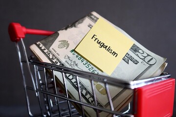 Red shopping cart with dollars cash money and text note FRUGALISM, concept of to become financially...