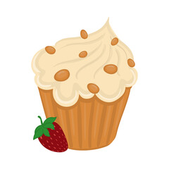 Cake typically baked in a paper or aluminum cup with a strawberry or other fruit flavoring. Vector illustration