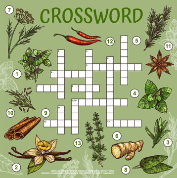 Herbs, spices and seasonings crossword grid worksheet. Find a word quiz, vector maze oregano, vanilla, tarragon, peppermint and rosemary. Ginger, dill, sage, cinnamon or anis, cumin and chili, thume