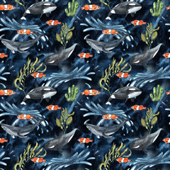 Watercolor seamless pattern with Arctic killer whale and decorative plants elements on the deep blue turquiouse background. Funny kids illustration. Ideal for children's textile, wrapping,