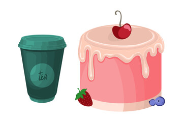 A vector set of a green paper cup for tea and a small cake with a cherry on top. Vector illustration