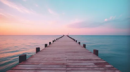 Rolgordijnen wooden pier with a pink sky at sunset, summer banner, generative ai © Anastasia Shkut