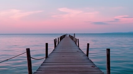Fototapeta premium wooden pier with a pink sky at sunset, summer banner, generative ai