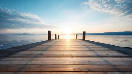 Fotobehang wooden pier at sunset, summer banner, generative ai © Anastasia Shkut