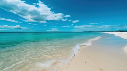 Fototapeta na wymiar A beach with a blue ocean and white sand, blue sky, vacation, generative ai