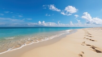 Fototapeta na wymiar A beach with a blue ocean and white sand, blue sky, vacation, generative ai