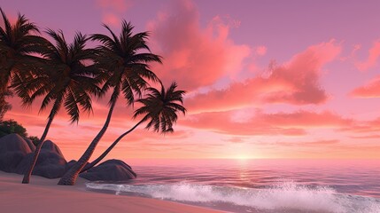 A beach with palm trees and a pink sky sunset