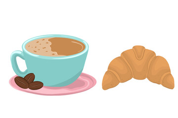 A vector set of an illustration of a coffee cup and a croissant. Vector illustration