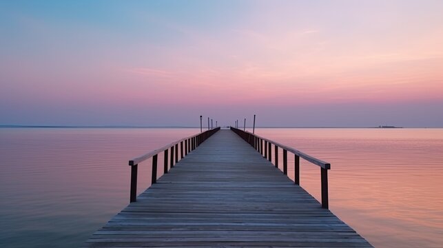 wooden pier with a pink sky at sunset, summer banner, generative ai