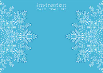 Invitation or Card template with lacе frame border, doodle line pattern, mandala element. Decorative openwork filigree art background for Wedding, Valentine's day greeting card, Birthday Invitation