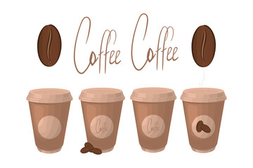 A vector set of coffee cups in brown color, perfect for coffee shop and cafe-related designs. Vector illustration