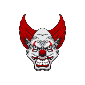 Scary clown face, cartoon creepy isolated vector Halloween character with red hair, lips and marks on eyes. Aggressive antihero personage with bared teeth and thin pupils Joker monster, evil funnyman