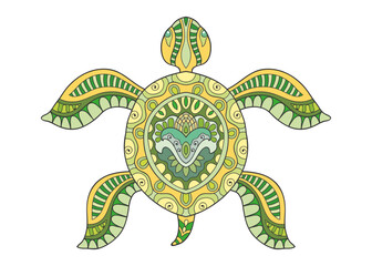 Fototapeta premium Decorative doodle turtle with ornament. Hand drawn tribal totem animal, isolated element for scrapbook, invitation card, book cover design, textile fabric print