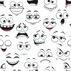 Funny cartoon faces seamless pattern background, vector emoticons or funny happy cute smiles. Cartoon emoji face pattern with comic fun expressions, eye and mouth emoticon characters in doodle pattern