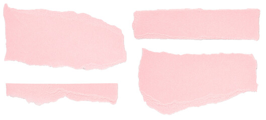 Set of isolated pink torn blank note paper strips, top view from above on white or transparent...