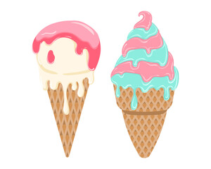 A vector image of two ice cream cones with colorful chocolate glaze. Vector illustration