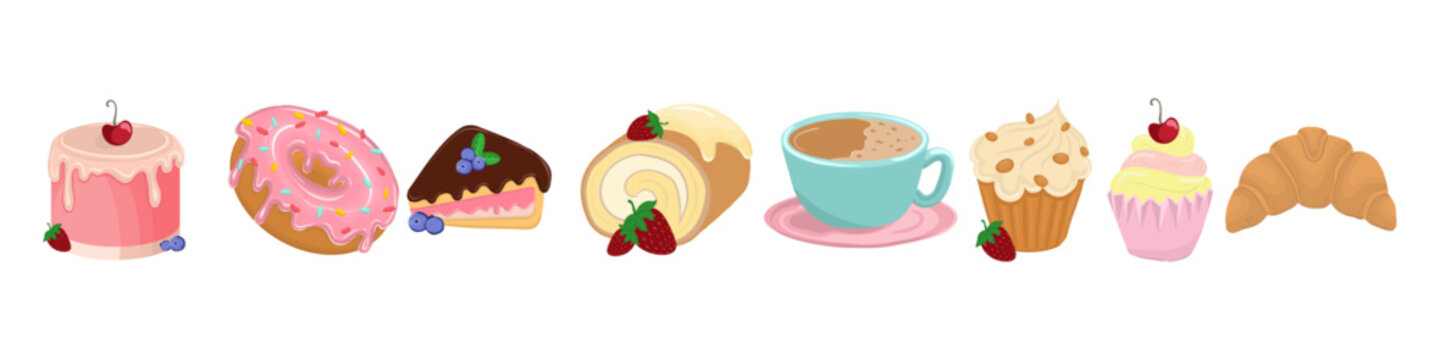 A vector set of icons featuring various sweet treats such as cakes, cupcakes, and sweet rolls perfect for food-related designs and projects. Vector illustration