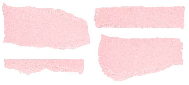 Set of isolated pink torn blank note paper strips, top view from above on white or transparent background