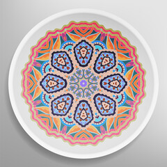 Decorative plate with round ornament in ethnic style. Mandala circular abstract geometric floral pattern. Fashion background with ornate dish. Interior home decor, vector illustration