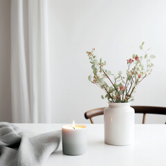 Burning aromatic candle and eucalyptus branch on table