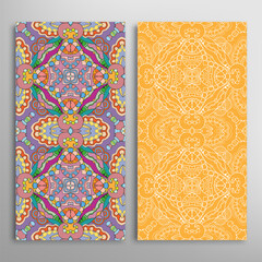 Vertical seamless patterns set, floral geometric lace texture for Wedding, Valentine's day, greeting card or Birthday Invitation. Decorative seamless doodle backgrounds. Ethnic ornament border pattern