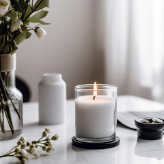 Fototapeta na wymiar Burning aromatic candle and eucalyptus branch on table