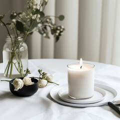 Fototapeta na wymiar Burning aromatic candle and eucalyptus branch on table