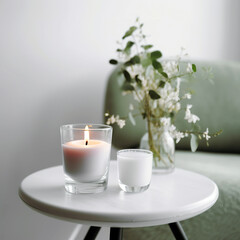 Obraz na płótnie Canvas Burning aromatic candle and eucalyptus branch on table