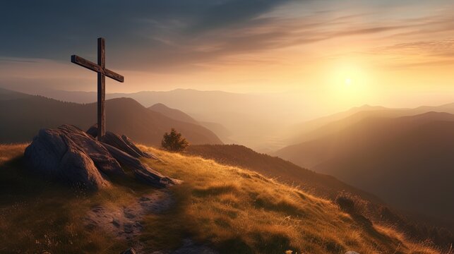 crucifix on grassland hill at twilight sunset time, , mockup idea, Generative Ai