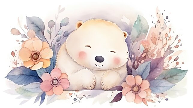 watercolor style illustration of happy baby bear in flower blossom garden, idea for home wall decor, kid room, Generative Ai