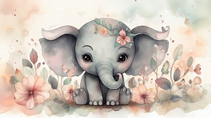 watercolor style illustration of happy baby elephant in flower blossom garden, idea for home wall decor, kid room, Generative Ai