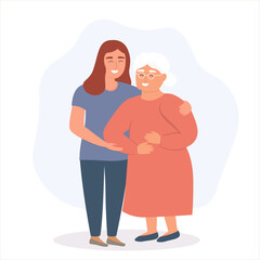A nurse helps an elderly woman. Old lady's support. Vector graphics.