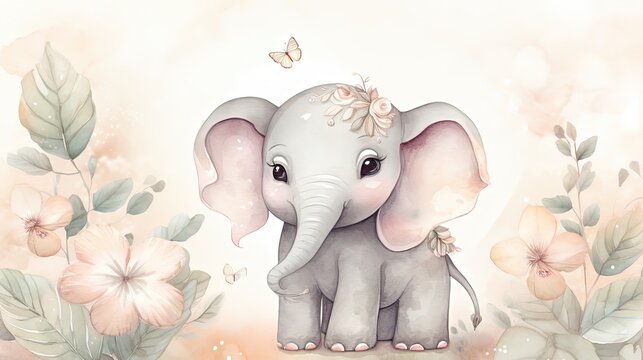 watercolor style illustration of happy baby elephant in flower blossom garden, idea for home wall decor, kid room, Generative Ai
