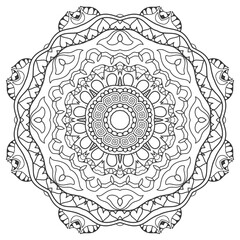 Mandala isolated design element, geometric line pattern. Stylized floral round ornament. Zen doodle art, monochrome sketch for coloring book page, textile fabric print. Black and white illustration